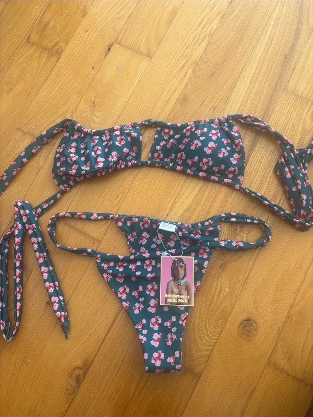 Strawberry Milk Mob Dark Green Floral Bikini Set with Pink Blossoms